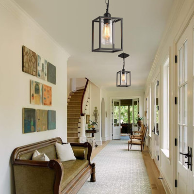 Farmhouse Rustic Glass Pendant Light Adjustable Chain Black Metal Cage Hanging Light