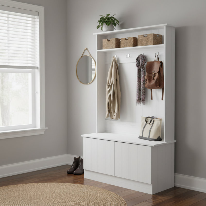 Classic Multi-Use Coat Rack With Bench, White, Built-In Seating & Abundant Storage, White