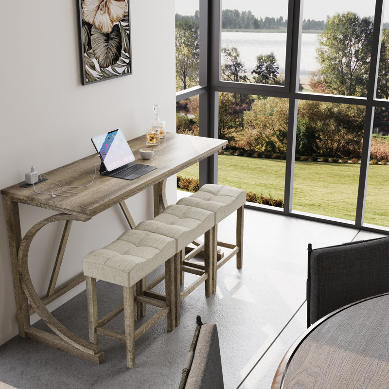Demicah 4-Piece Counter Height Bar Table Set with Socket and 3 Fabric Padded Bar Stools, Tall Kitchen Breakfast Dining Table Set with Stools