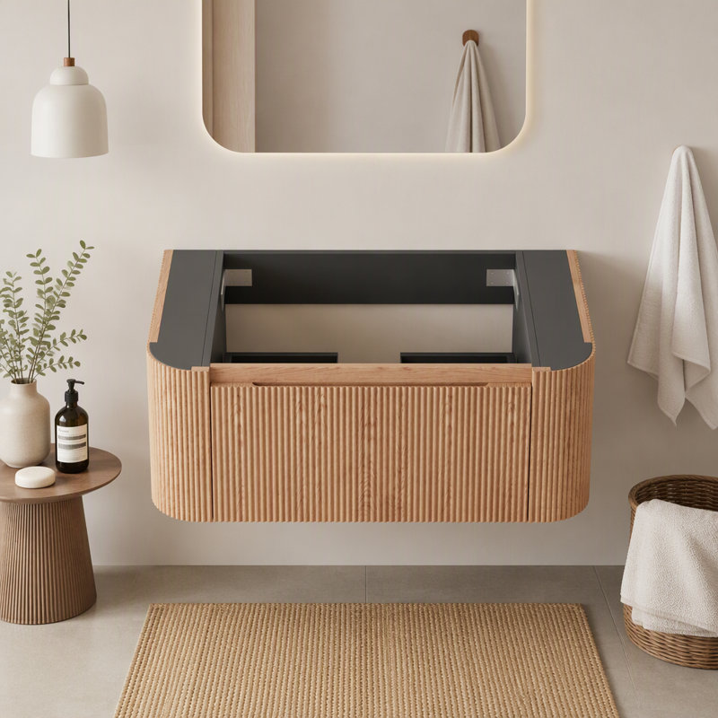 Meuble-lavabo moderne cannelé 43 po avec comptoir en marbre artificiel et lavabo, 3 trous de robinet, portes à fermeture en douceur