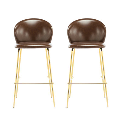 Dark Brown Faux Leather Bar Stools With Gilded Metal Legs Of 2, Stable Structure, Ergonomic Low - Back, Ideal For Kitchen And Home Indoor Leather, Legs, Comfortable Foam Cushion, Suitable Dining Area
