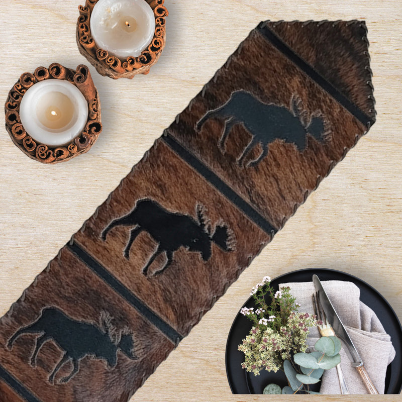 Light Moose Cowhide Table Runner, 120" L x 12" D, Black/Brown