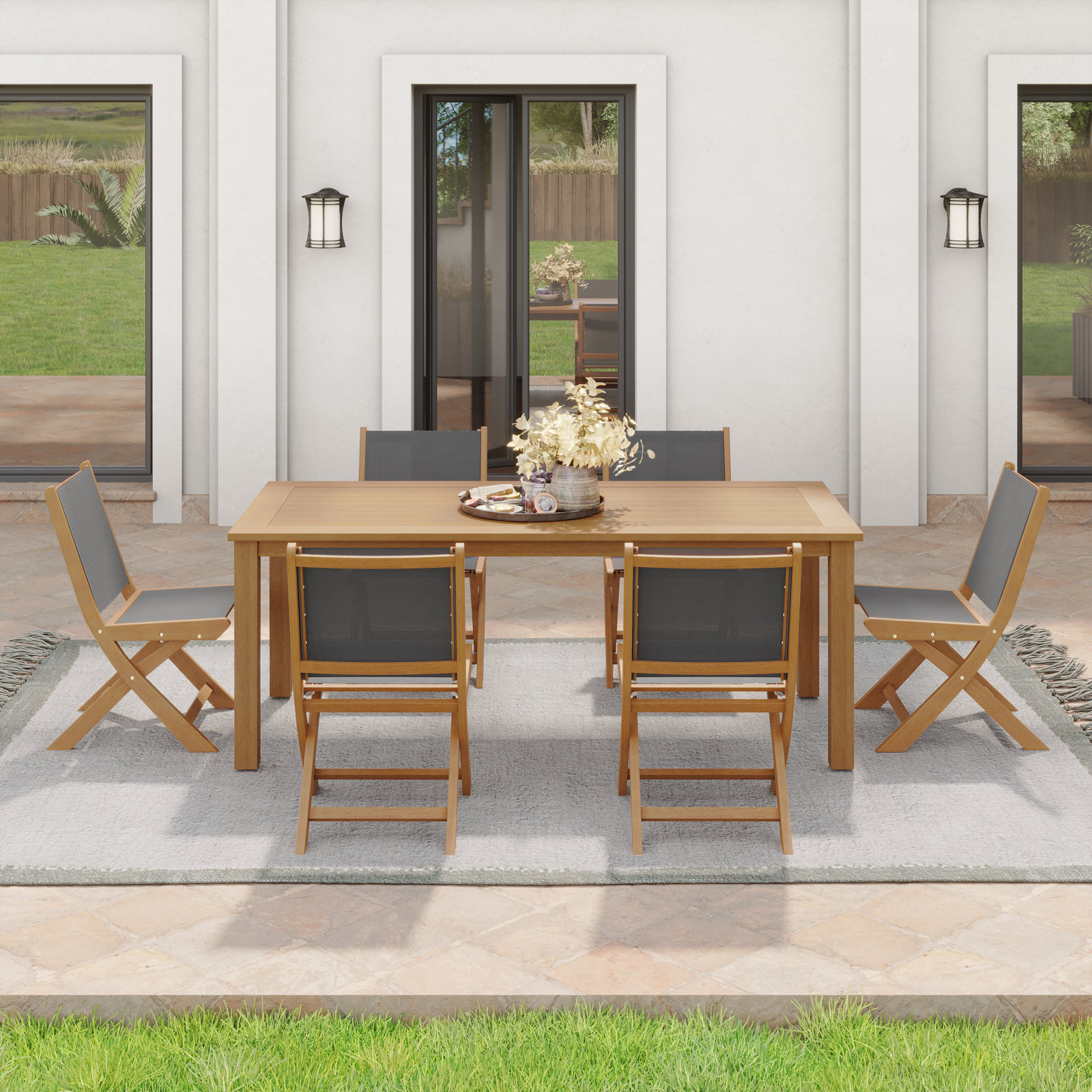 Alanson 79" Eucalyptus Patio Dining Set, Dark Gray