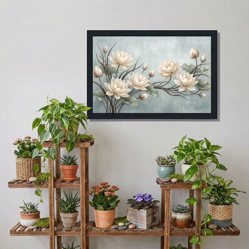 Art sur toile, fleurs de lotus blanc et feuilles vertes sur fond bleu, H 16 po x l 24 po