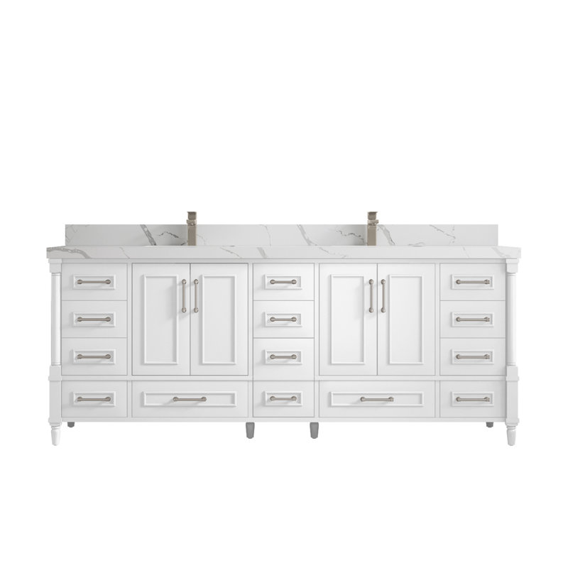 Ensemble de meuble-lavabo double 84 po Aberdeen, Calacatta Laza, Blanc