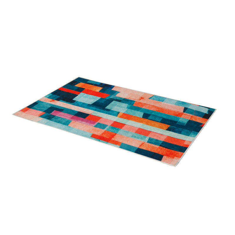 Tapis géométrique orange / bleu Laine, Rectangle 2 pi 7 po x 3 pi 11 po