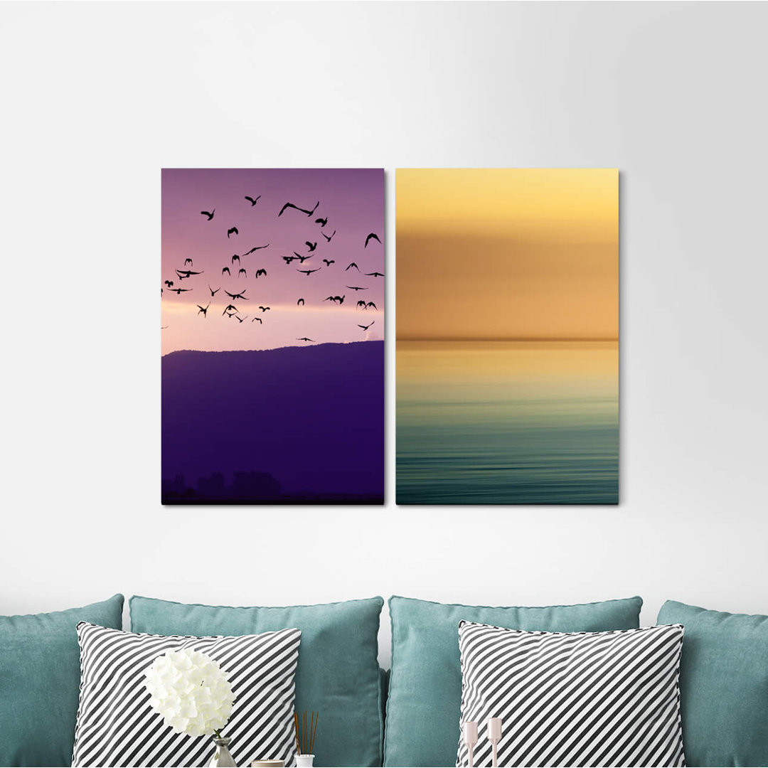 2-tlg. Leinwandbilder-Set - Grafikdruck „Swarm of Flying Birds Golden Sky Calm Serenity Mindfulness Relaxing”