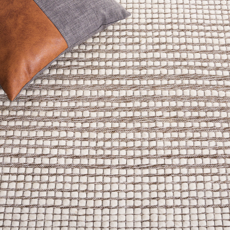 Ivory and Dark Brown Handwoven Wool 8' x 10' Area Rug