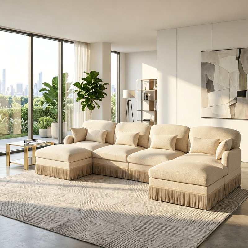Modern Modular Leopard Print Chenille Sofa With Tassel Fring & Lumbar Pillows, Beige Chenille