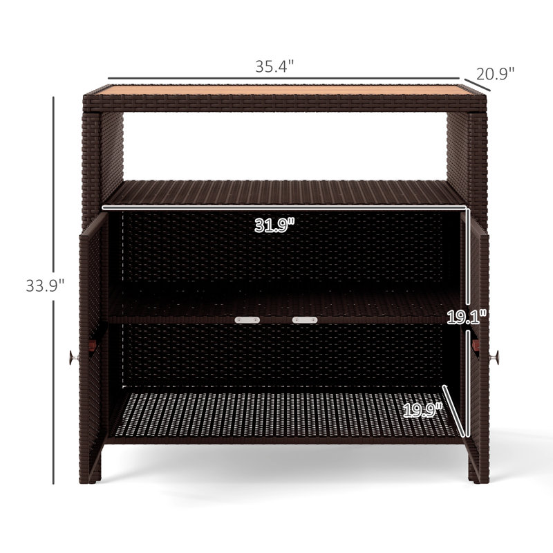 Wicker Outdoor Storage Cabinet, Rattan Outdoor Bar Table with Acacia Wood Countertop, 2 Doors and Shelf, Buffet Cabinet Sideboard for Poolside, Garden, Patio, Backyard, Brown