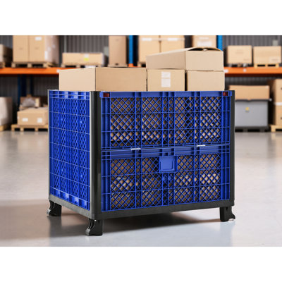 Contenant en vrac de polypropylène bleu haute densité, capacité de 600 lb, parois en maille, accès à 4 voies et stabilité latérale