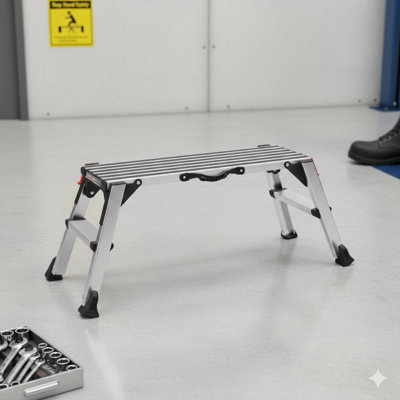 Folding Work Platform Functioning As Drywall Stool Ladder, Constructed From Aluminum, Heavy-Duty Work Bench Supporting 660 Pounds, Equipped With Non-Slip Feet, Suitable For Vehicle Washing, Cleaning Tasks, Painting Projects, And Decorating Work.
