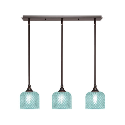 3 Light Stem Hung Linear Pendalier With 6" Turquoise Textured Glass