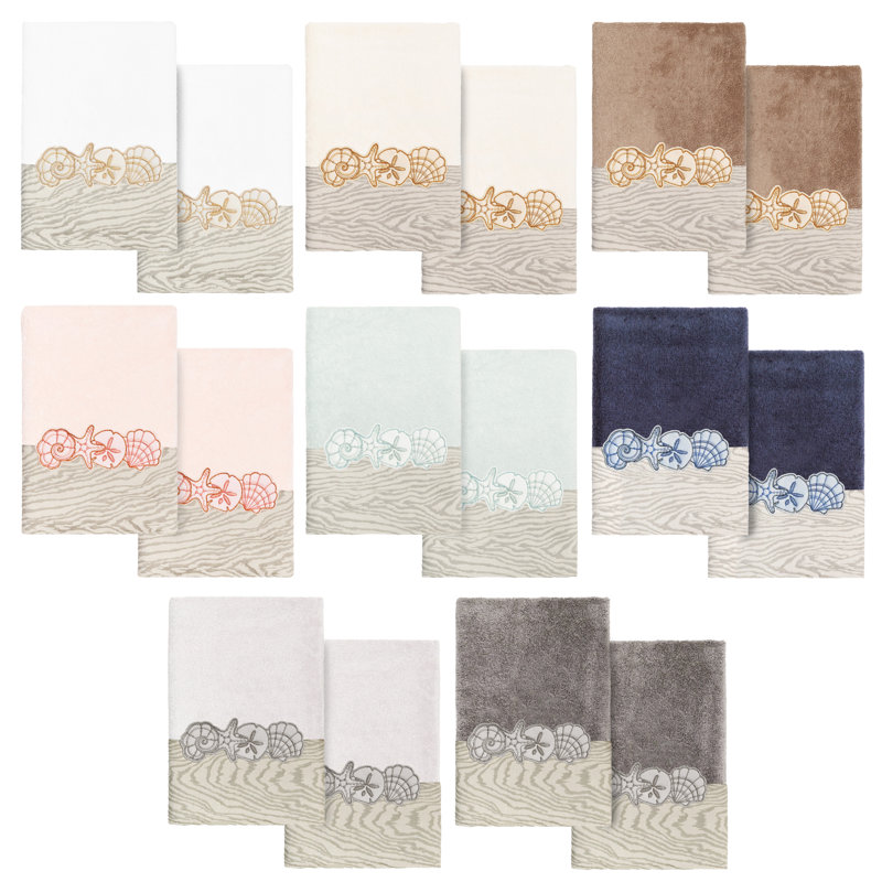SHELL ROW 2PC Embellished Hand Towel Set 100% Turkish Cotton Hand Towel, Marine