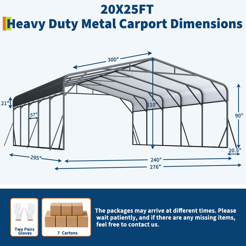 20x25 FT Metal Carport with Galvanized Steel Roof & Reinforced Base, Heavy-Duty Outdoor Shelter, 110" H x 240" W x 300" D