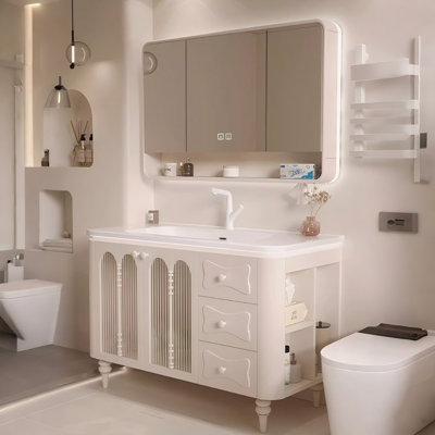 39.76"White Solid Wood Rubberwood Freestanding Bathroom Washbasin Vanity With a Mirror