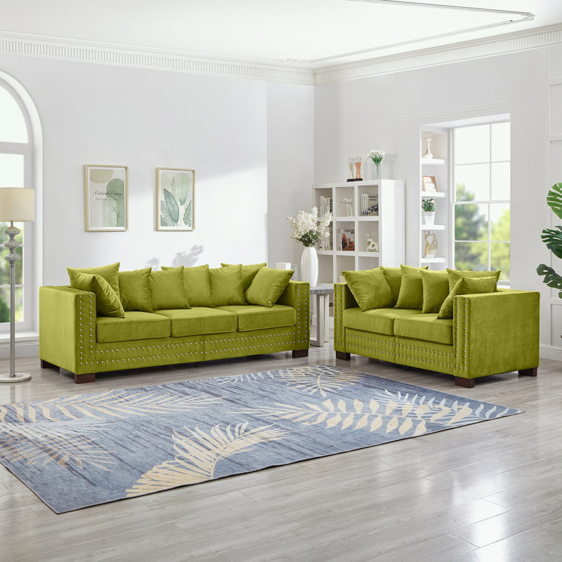Canapé 2 + 3 places en velours avec accoudoirs carrés et décoration cloutée, Vert