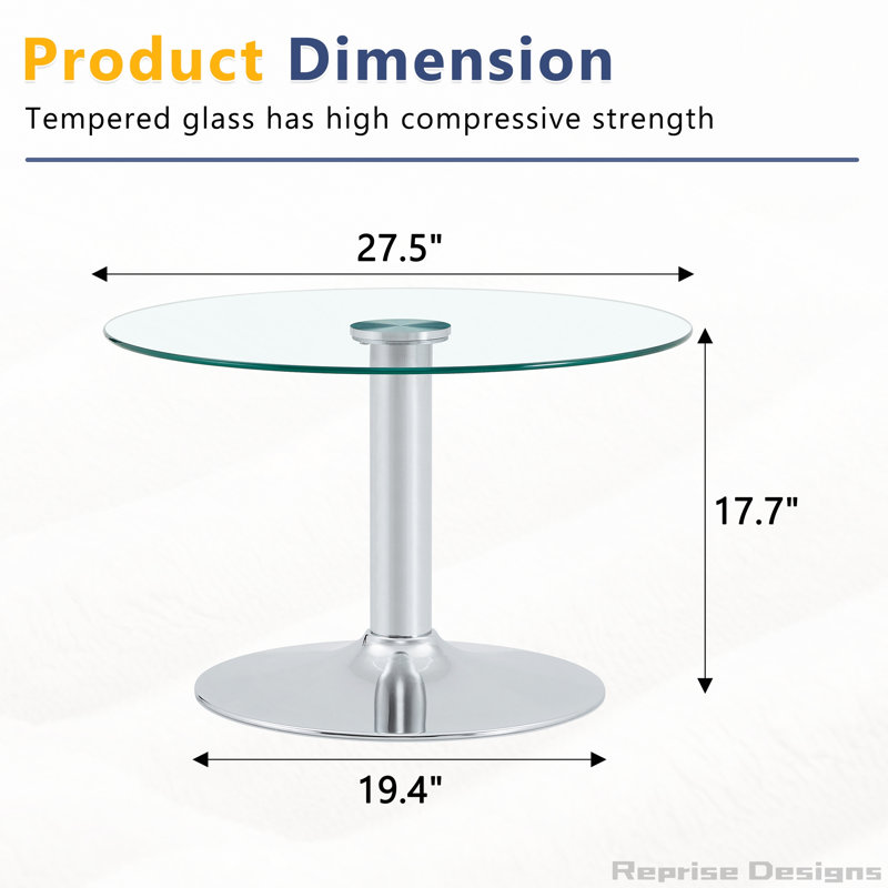Table basse ronde en verre trempé de 27,5 pouces de diamètre. 17,7 pouces de haut, soutenu par une base en métal argenté, avec un bord de luxe léger.