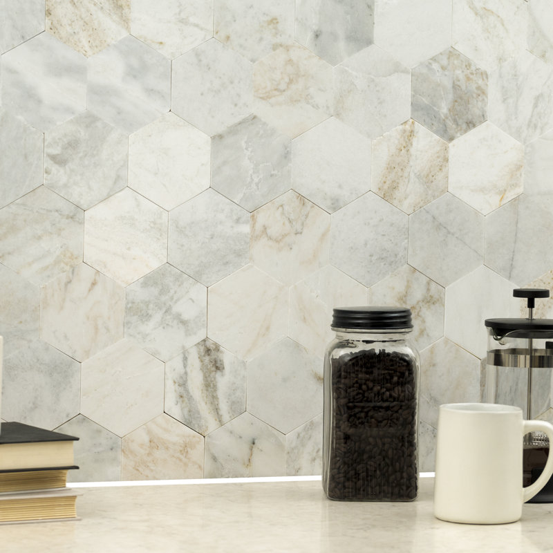Tactiq Castella de Blanc Hexagon 10 in. x 12 in. Honed Marble Mosaic Floor and Wall Tile