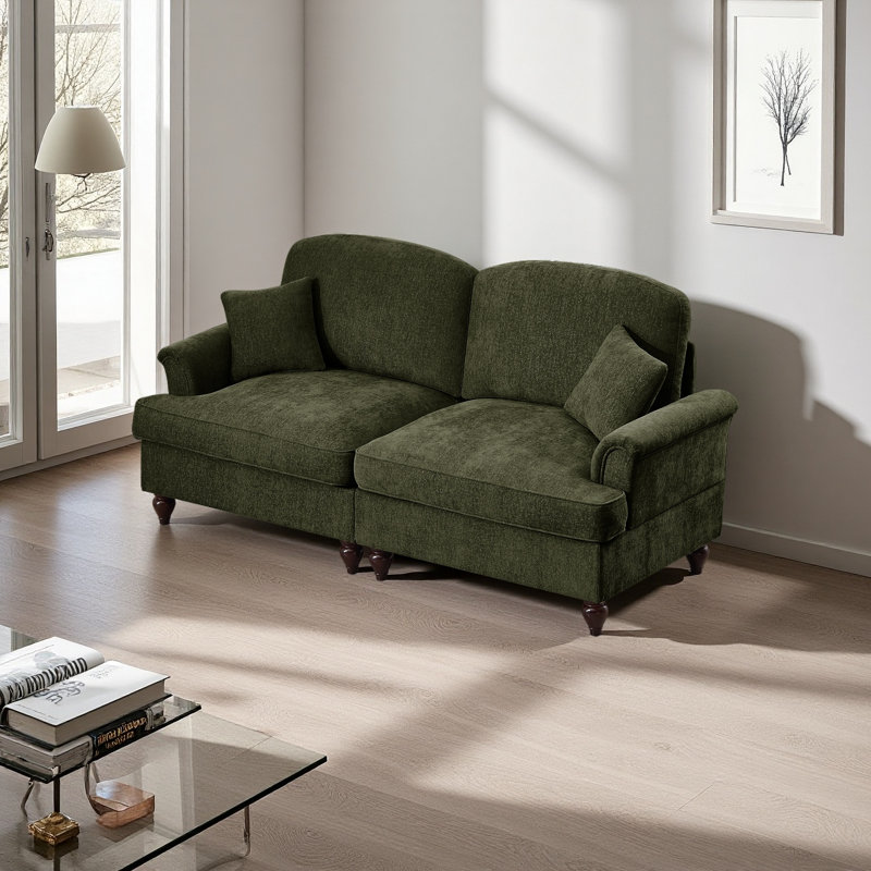 Elegant Mid Century Oversized Large Two Seater Sofa Couch With Flared Arms And Removable Ruffles Pleats Skirts And Spindle Legs