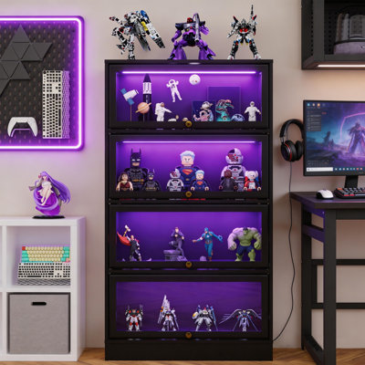 Vitrine avec portes en verre acrylique, vitrine à 4 niveaux avec éclairage à DEL pour les objets de collection, étagère de rangement pour jouets