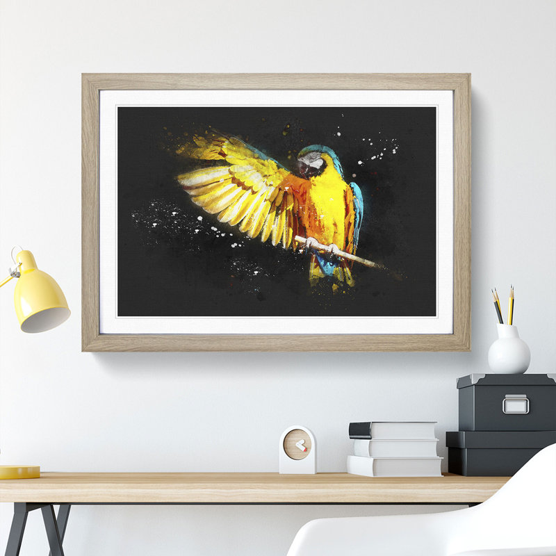 Yellow Macaw Parrot - Framed Print, 24cm H x 33cm W x 2cm D, Oak Framed