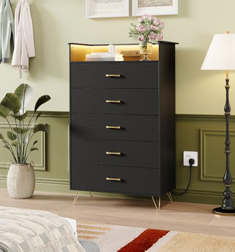 Modern 5-Drawer Tall Dresser for Bedroom, Wood Chest of Drawers with Silent Closing Slides, Black
