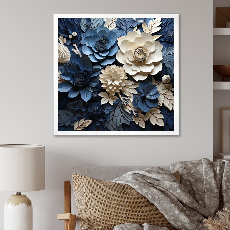 «Blue Flower Crafted Delights I», art mural fleurs, Cadre simple blanc, H 36 po x l 36 po x P 1,5 po
