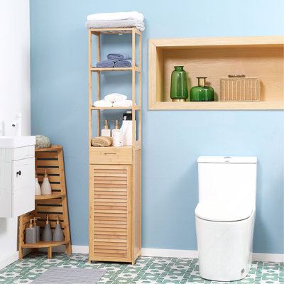 Tall Bathroom Cabinet With Drawer And Slatted Shelves, Slim Bamboo Linen Tower With Louvered Door