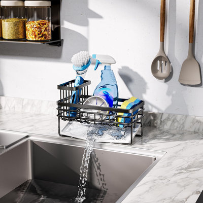 Kitchen Sink Organizer With Removable Drain Tray, Quick Draining Rustproof Sink Caddy, Stainless Steel Sink Sponge Holder For Holds Sponge