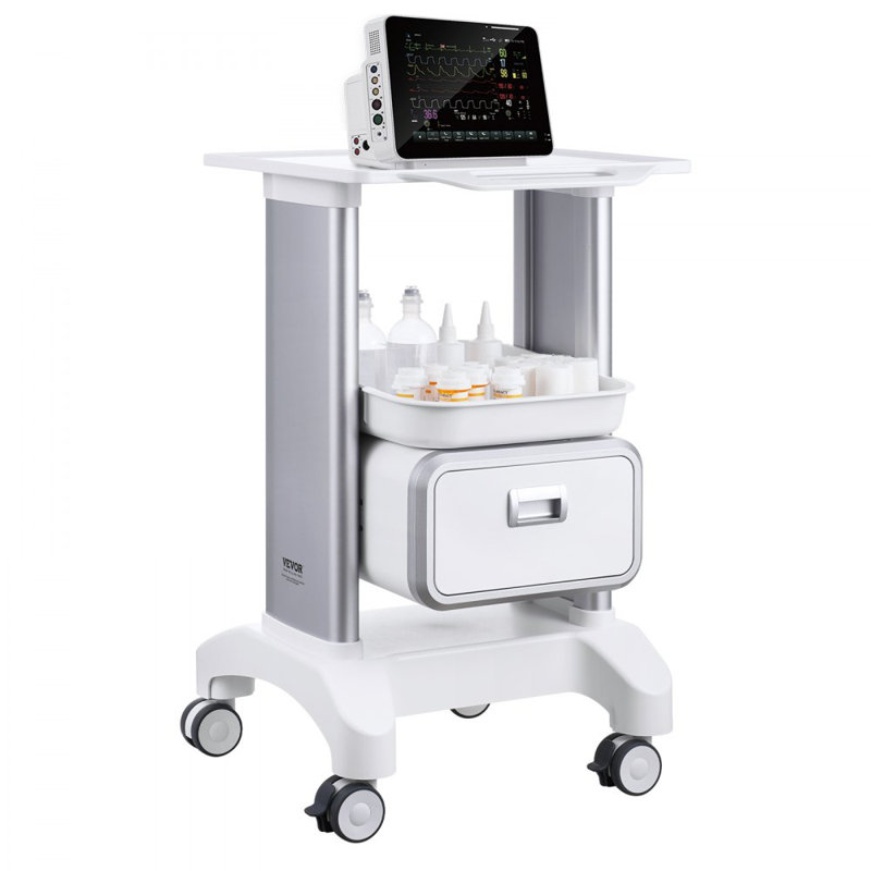 Chariot médical mobile à 2 niveaux avec 1 tiroir et 1 plateau supérieur, chariot de rangement avec matériau ABS