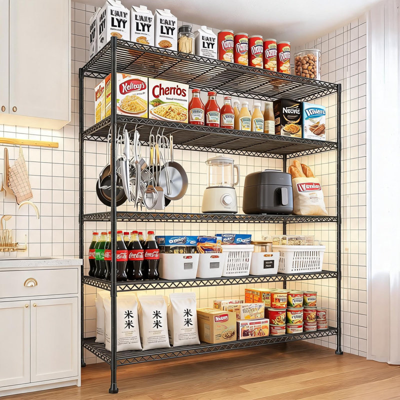 Étagère grillagée réglable à 5 niveaux, support de rangement autoportant en métal robuste, organisateur enduit d'époxy résistant à la rouille, l 47,2 po x P 17,7 po x H 71 po pour la cuisine, le garde-manger, le garage, la buanderie et l'entrepôt