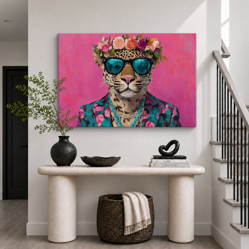 «Bright Preppy Animals», léopard rose vif avec couronne de fleurs, impression sur toile encadrée, Toile tendue