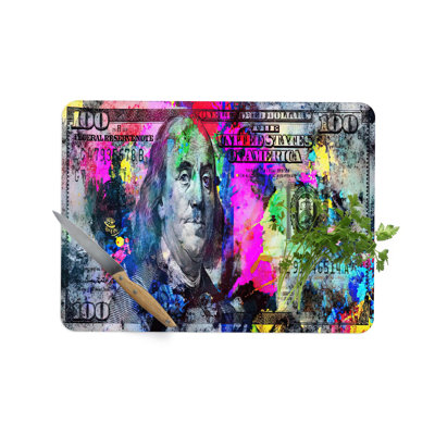 Planche à découper en verre trempé de conception moderne avec un thème coloré de billets de cent dollars en verre de qualité supérieure