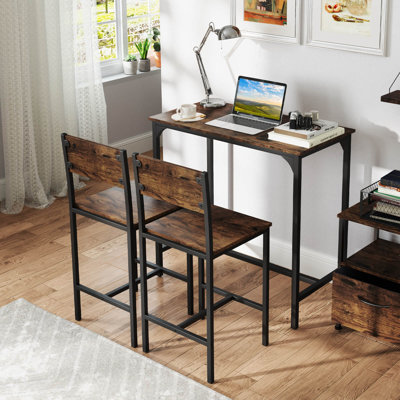 3 Pcs Bar Table Set Pub Dining Table & 2 Bar Stools With Backrest & Footrest Brown by 17 Stories