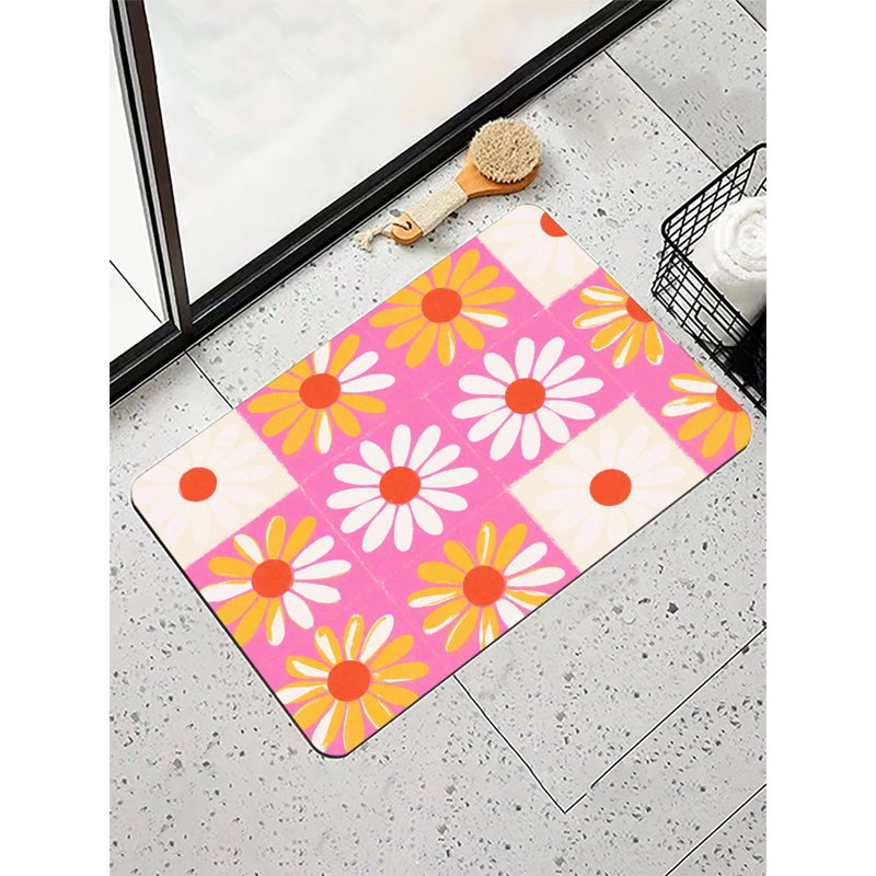 Retro Daisy Pattern Bath Mat 16 X 24, Vibrant Accent For Shower Door
