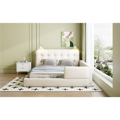 Cozy Queen Size Platform Bed With Built-In Reading Lamps - White Lights For Relaxation