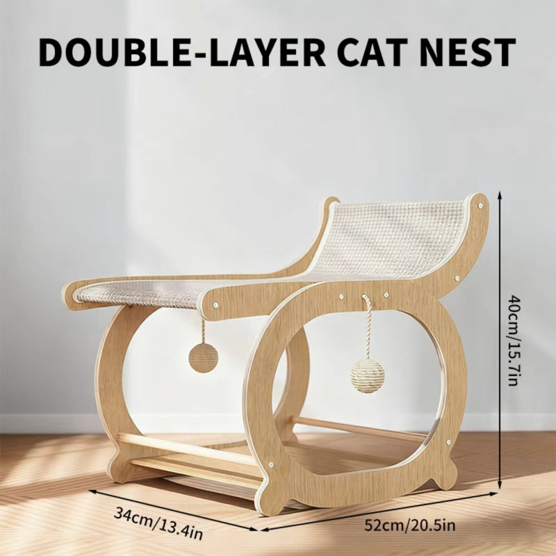 Chaise longue en bois de sisal pour chat, lit à griffer pour chat 2-en-1 avec boules de jouets suspendues et tablette de rangement