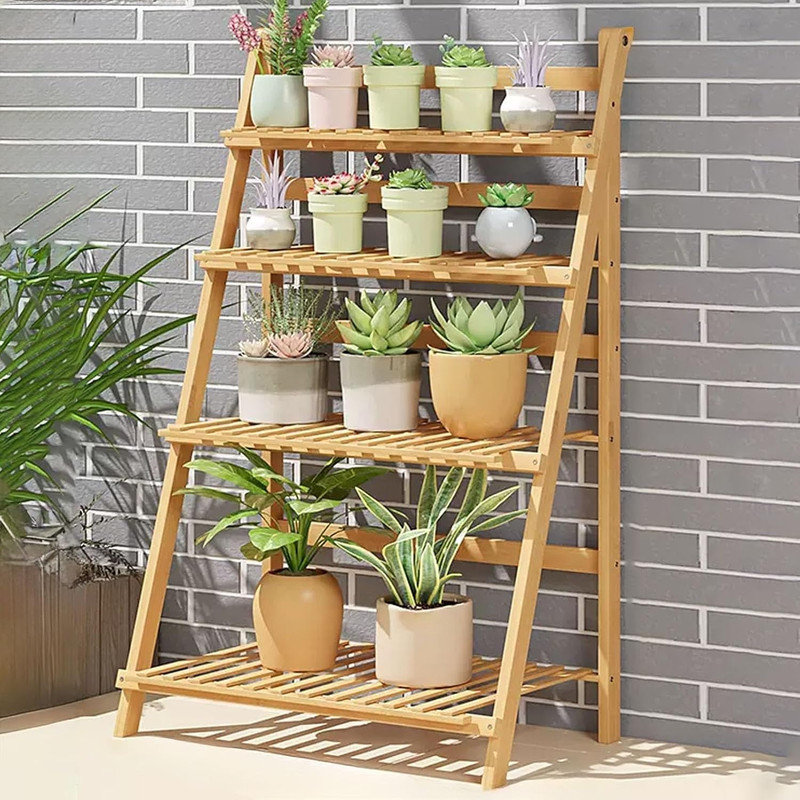 Support pour plante pliable à 4 niveaux en bambou - peu encombrant et durable, H 39 po x L 17,3 po x P 47,6 po, Naturel