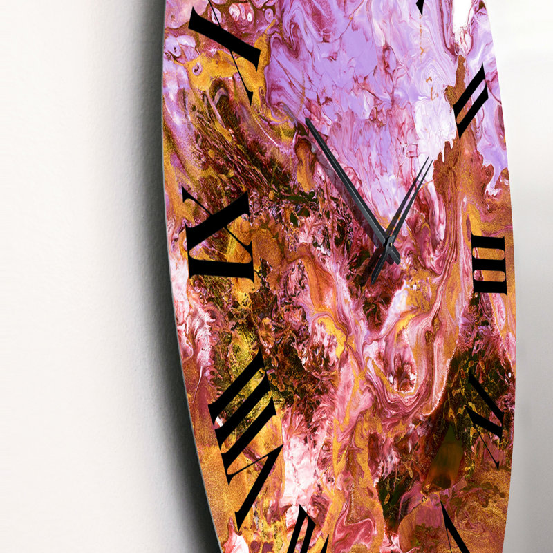 Horloge murale moderne rose avec marbre liquide doré, Surdimensionné