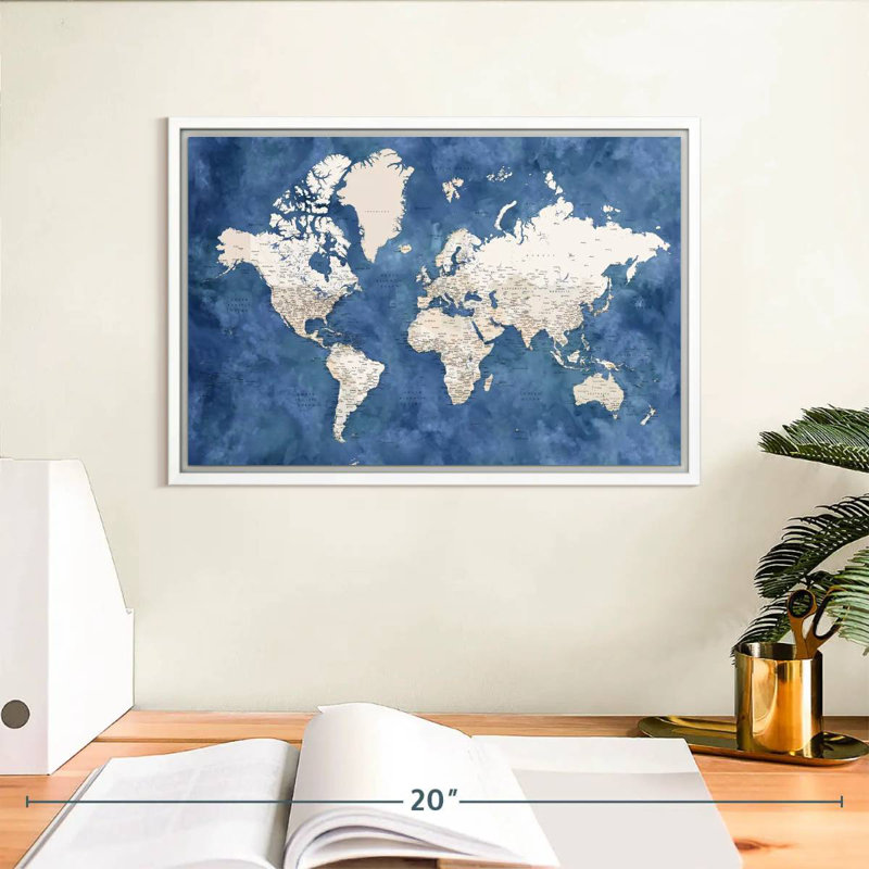 Carte détaillée du monde avec les villes I, 13 po x 9 po, Cadre flottant blanc