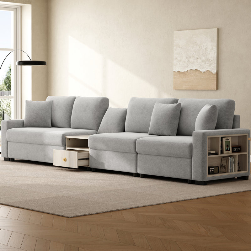 Canapé modulaire de 132,5 po avec accoudoirs de rangement et console centrale pour le salon, Gris