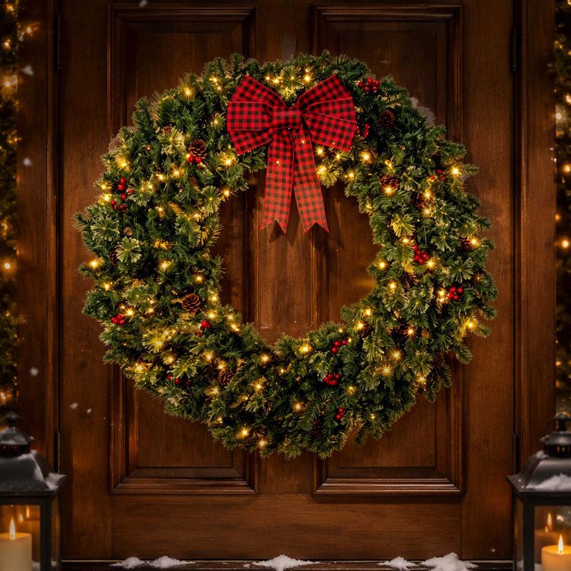 Couronne de Noël épinette 48 po pré-éclairée avec arc décoratif, 8 modes d'éclairage, baies rouges et pommes de pin