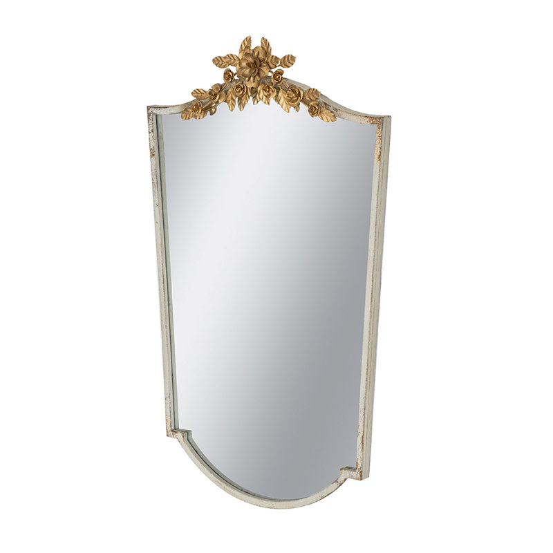 Large Rectangular Full-length Mirror With Distressed Ivory Frame And Gold Floral Crown, 37.5" H x 24" W, Arch