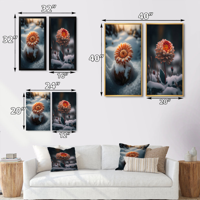«A Blooming Light Orange Gerbera Flower In Winter», 2 pièces sur toile, H 32 po x l 32 po, Encadrement doré