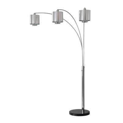 Glam 90" 3-Light Arc Floor Lamp, Polished Chrome, Mylar Crystal Shades, Marble Base, Rotary Switch, Modern Overhead Living Room Lighting