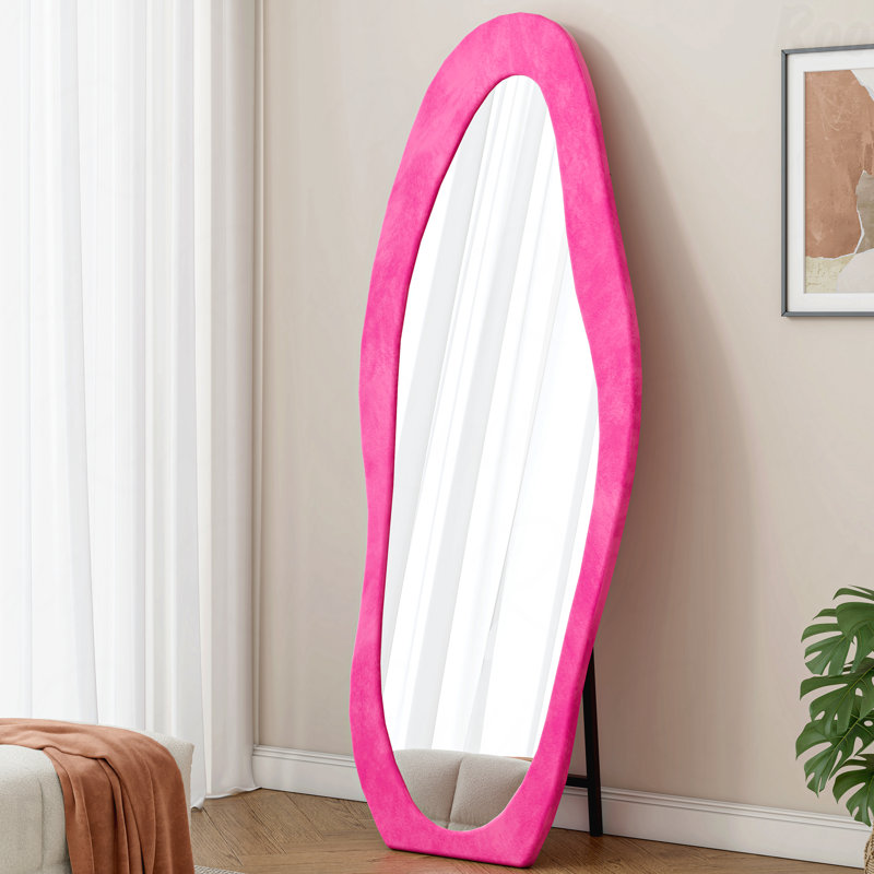 63" X 24" Flannel Wrapped Wooden Frame Full-Length Accent Mirror - Irregular Wavy, Standing/Hanging, Pink