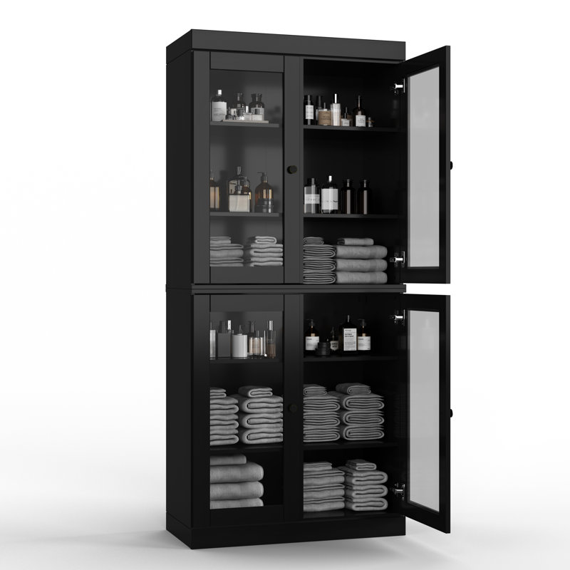 Armoire de salle de bain autoportante 100% bois massif 32 "avec portes en verre transparent et tablettes réglables - Rangement de salle de bain moderne