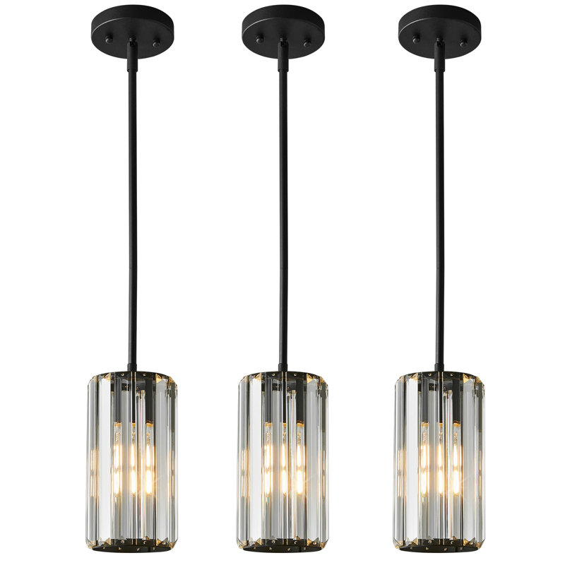 Llinos-Modern Crystal Single Pendant Light With Adjustable Height, Black, 3, Clear