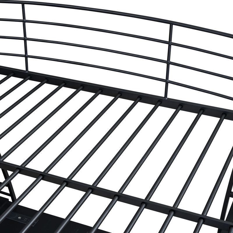Élégant lit mezzanine en métal noir avec tablettes à 4 couches et bureau en forme de L